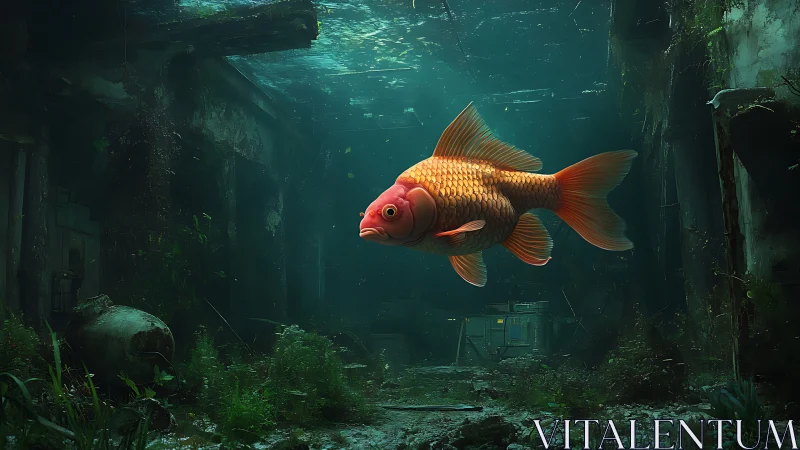 Goldfish suspended in submerged derelict interior space.