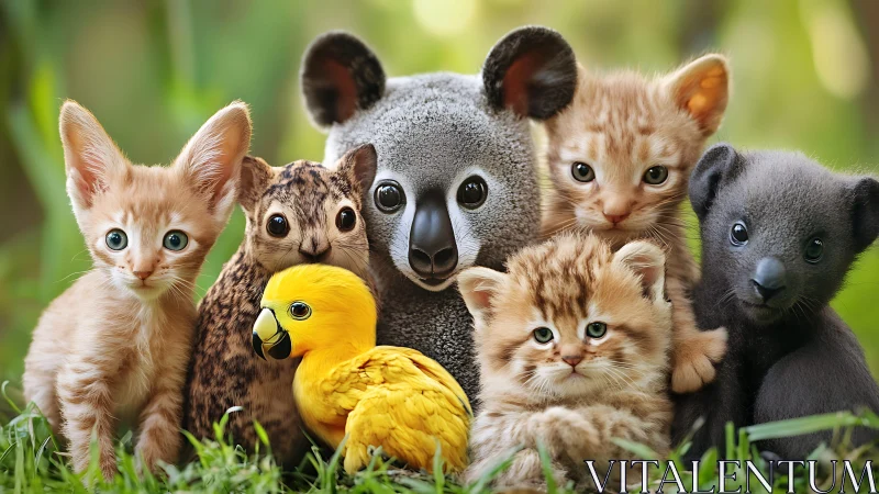 Mixed Animal Group Portrait with Diverse Species.