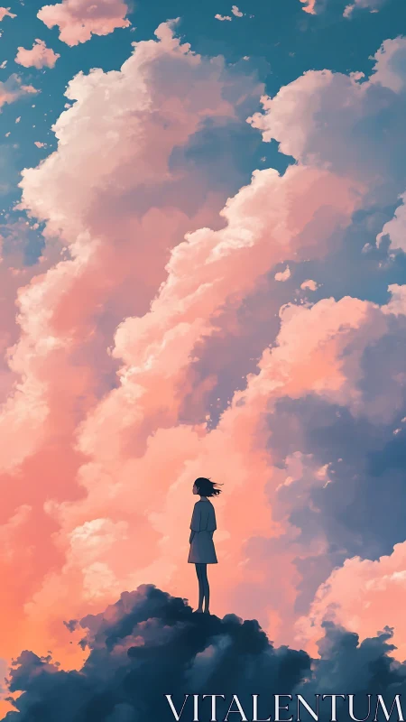 Silhouette of lone figure on cloud with tall sunset cumulus.