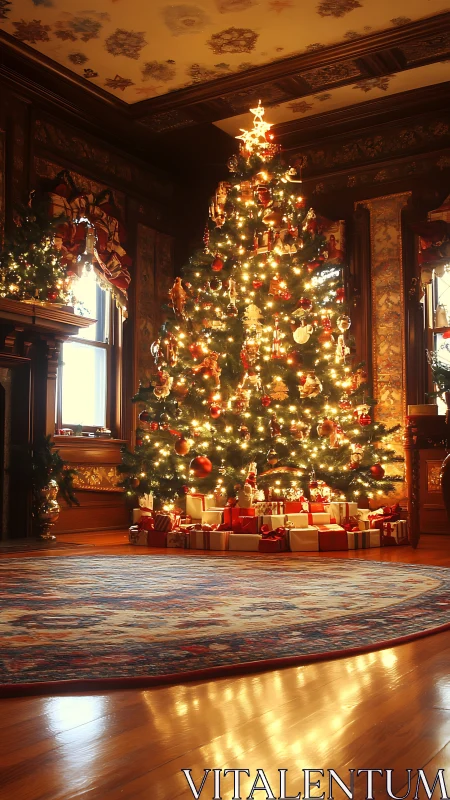 Grand Christmas tree glows in opulent Victorian parlor.