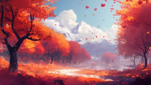 Snow-peaked mountain framed by autumn foliage trees