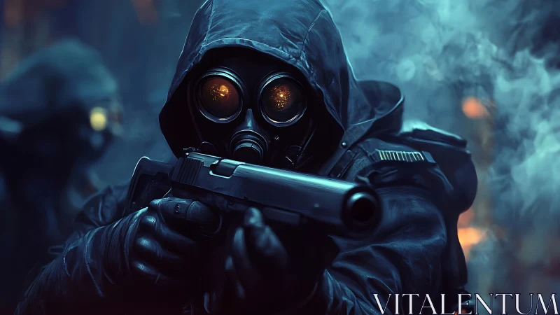 Hooded soldier in gas mask aims pistol through toxic smoke