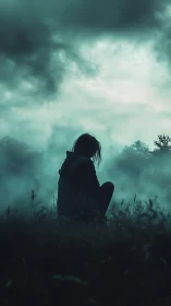 Solitary silhouette beneath storm-laden teal twilight sky.