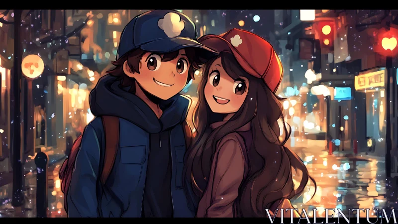 Warm-hearted friends share a glowing night city stroll