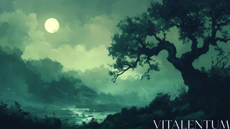 Nocturnal river valley under full moon with twisted tree silhouette