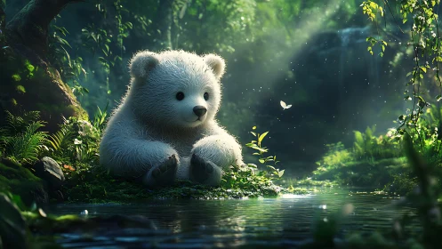 White bear cub sits beside reflective pond in lush forest