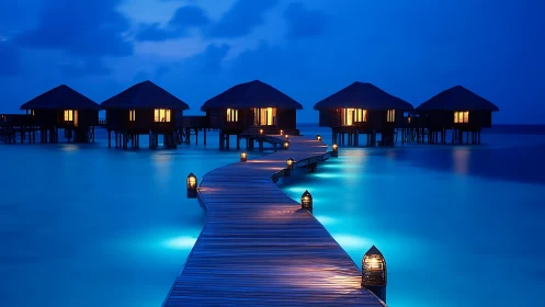 Midnight boardwalk to softly glowing overwater bungalows.