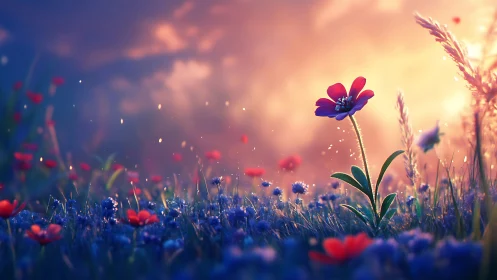 Lone ruby blossom greeting a pastel-sorbet sunrise sky.