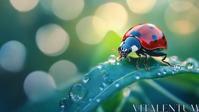 Ladybug stands on dewy green leaf with blurred bokeh lights