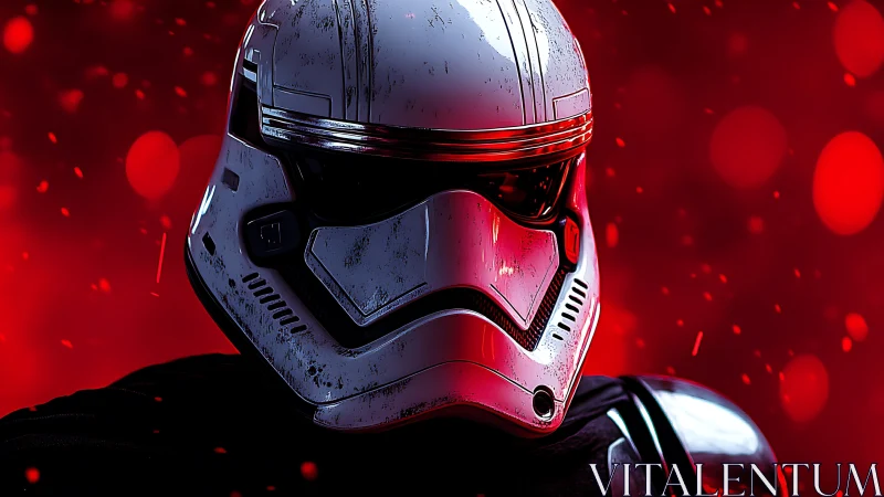 Armored sci-fi soldier stands against intense red glow.