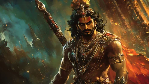 Warrior in ornate armor stands before abstract fiery backdrop