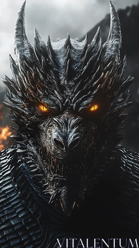 Armored black dragon stares forward with burning golden eyes