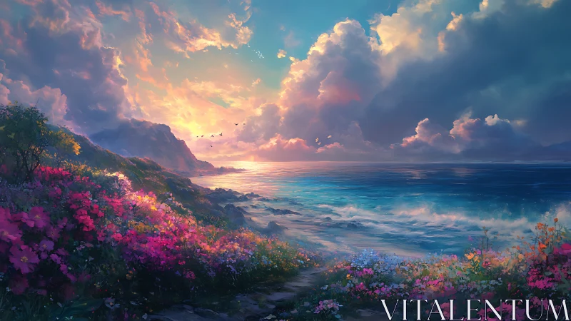 Sunlit bloomshore where wildflowers kiss the glowing sea.