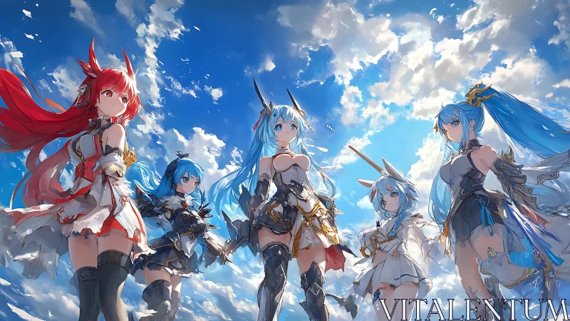 Skybound heroines stand united beneath a bright summer sky