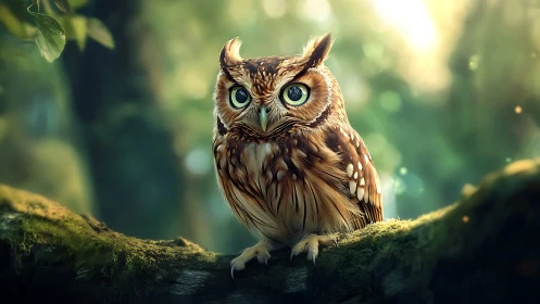 Realistic owl perched on mossy branch in dreamy sunlight forest.
