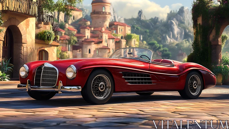 Digital painting of classic red roadster in sunlit villa piazza.