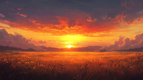 Sunfire horizon pouring gold across a wildflower prairie.