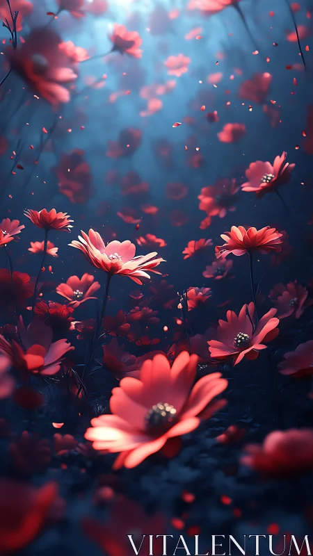 Luminescent Cosmos Daisies in Volumetric Blue Atmospheric Field.