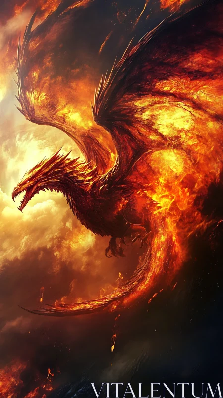 Fiery skyward dragon gliding through swirling sunset flames.