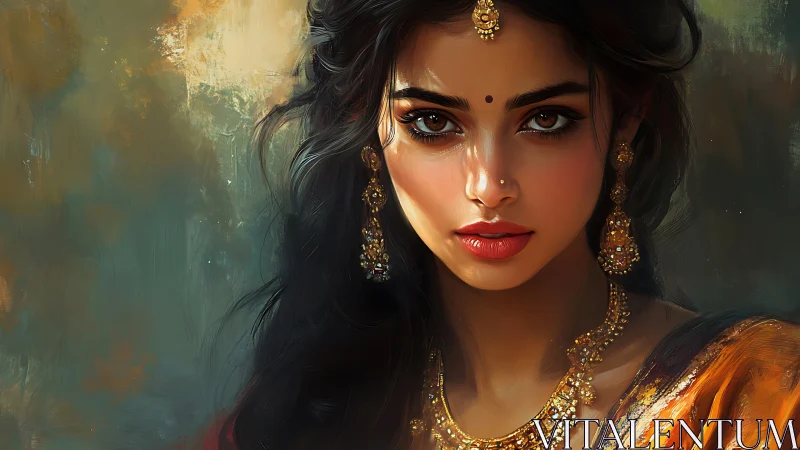 Digital portrait of woman in gold jewelry and sari. Period.