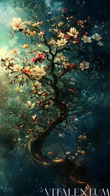 Luminous blossom tree twisting through deep teal cosmos.
