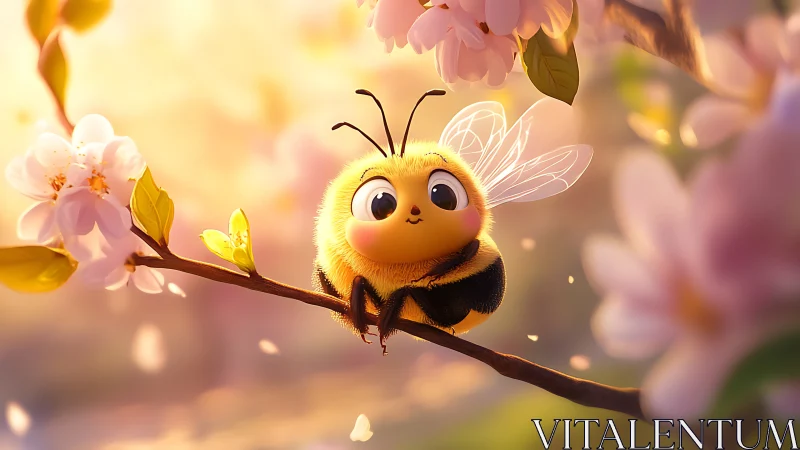 Daydreaming blossom bee perched in pastel spring light.