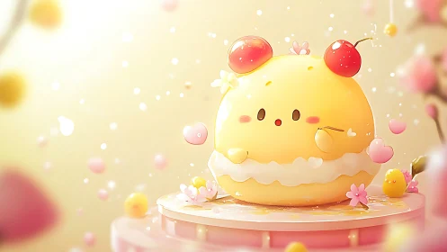 Cute yellow character with red cherries sitting on dessert platform
