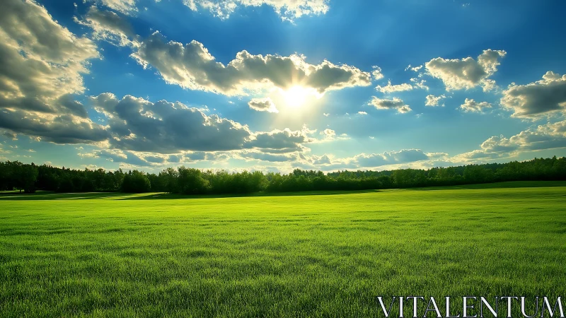 Sunlit meadow under dramatic cloud-sculpted sky panorama.