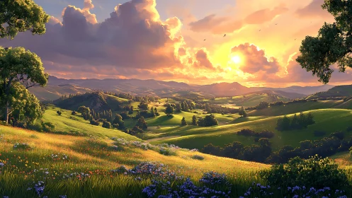 Golden sunset over rolling meadows glows with gentle warmth
