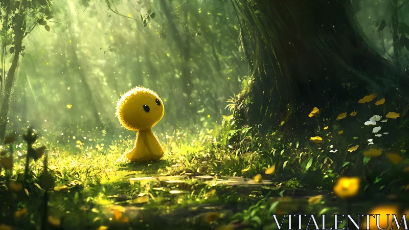 Small yellow creature explores sunlit enchanted forest