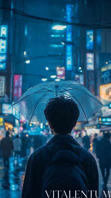 Quiet night wander under a clear umbrella in neon rain.
