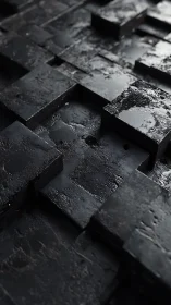 Textured black metal blocks form staggered industrial surface