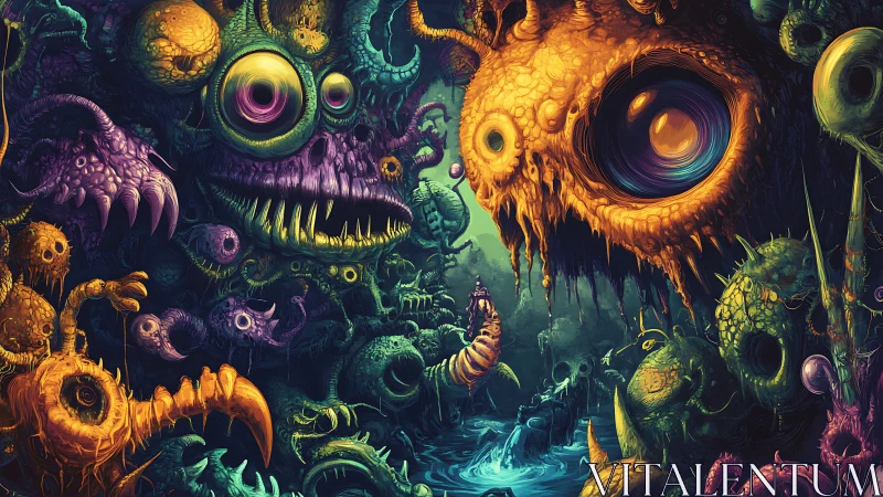 Monstrous biomorphic entities occupy a dense alien landscape