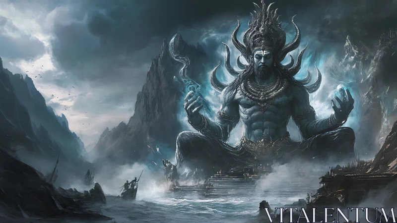 Colossal sea god in misty mountains holding stormlight.