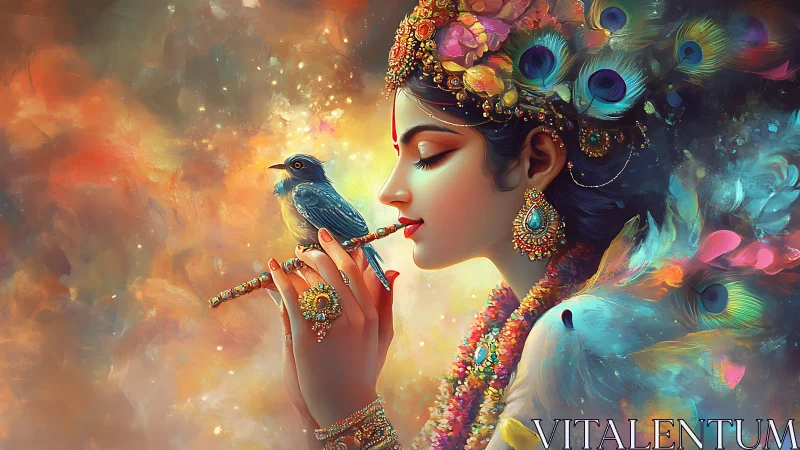 Ornate goddess profile with peacock plumes and blue songbird.