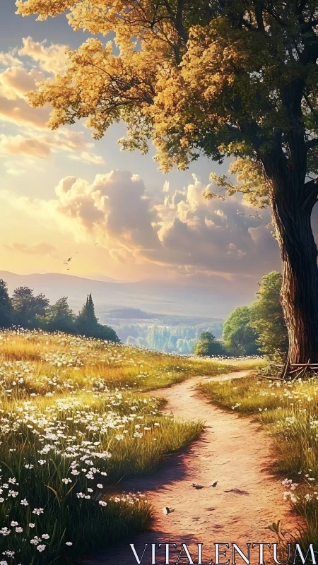 Sunlit country path winding through wildflower meadow at dusk.