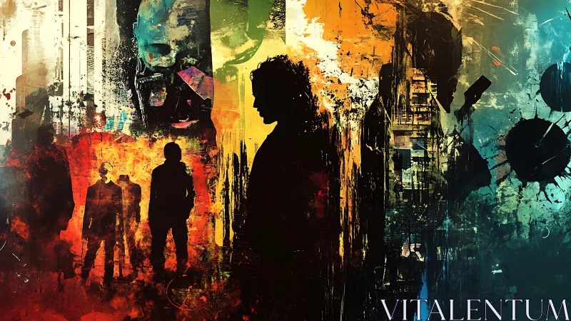 Silhouettes drifting through a wildfire of fractured city light.