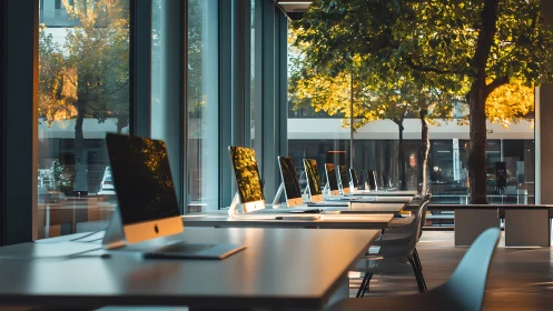 Modern glass-walled workstation row with backlit desktop screens.