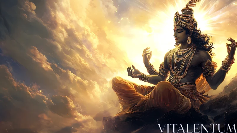 Radiant celestial yogi resting within a golden sunrise storm.