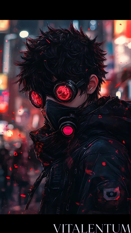 Neon rogue in crimson goggles stalks the cyber night streets.