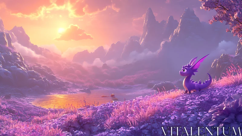 Purple baby dragon gazes across glowing fantasy sunset valley.