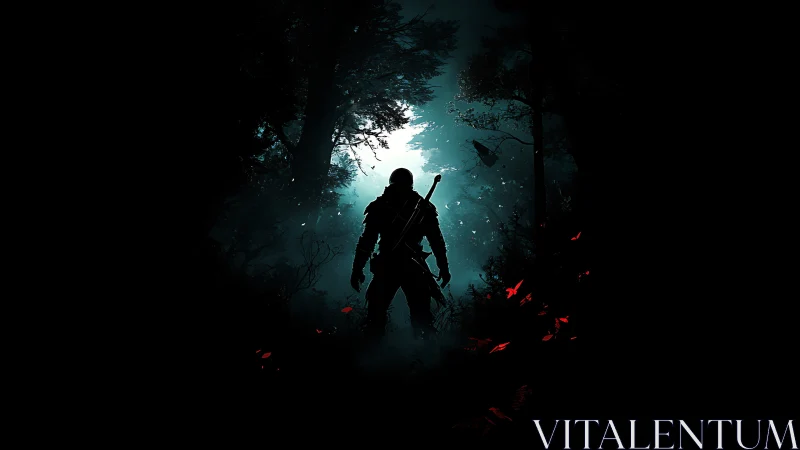 Silhouetted swordsman in backlit forest with red foliage glow