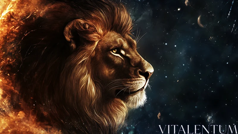 Majestic cosmic lion gazing calmly into the starlit night.