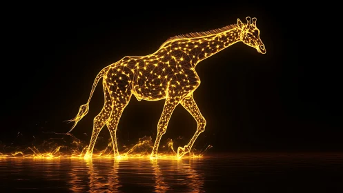 Luminous digital giraffe silhouette walks across liquid light