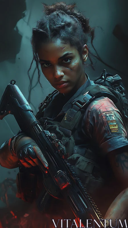 Battle-hardened cyber soldier grips rifle in smoky teal haze