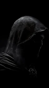 Hooded cloaked figure rendered in low key side lighting