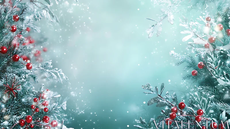 Snow covered evergreen branches frame red berry decorations
