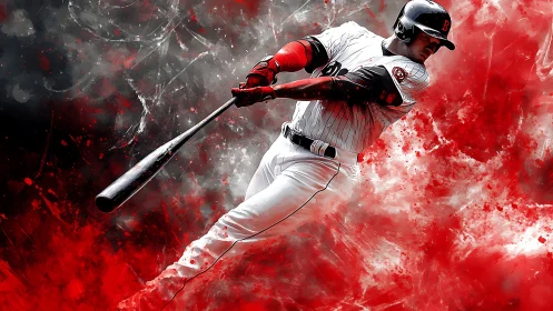 Baseball hitter swings bat amid red and gray abstract smoke