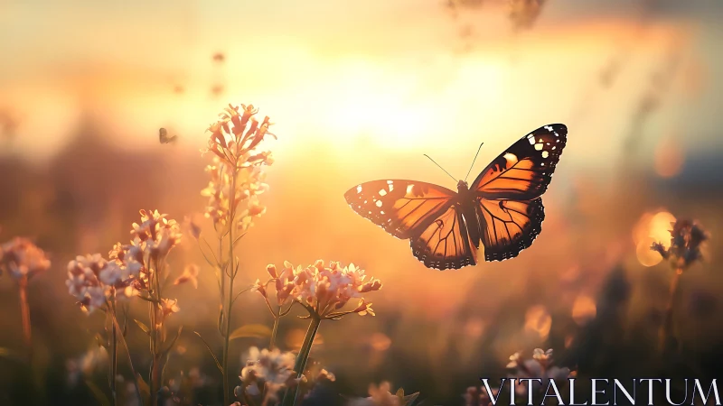 Monarch butterfly in warm backlit wildflower meadow.