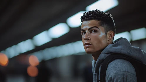 Thoughtful young traveler glances back in a quiet station